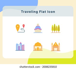 traveling icon icons set collection pack package white isolated background with flat color style