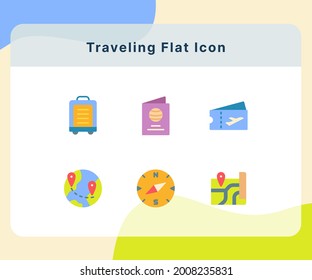 traveling icon icons set collection pack package white isolated background with flat color style