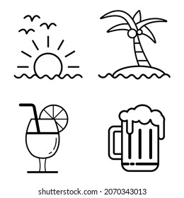 Traveling icon set, Beach and sunset illustration
