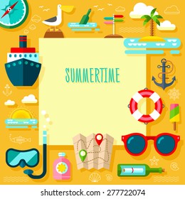 Traveling Icon Set with Summer Accessories in Flat Design