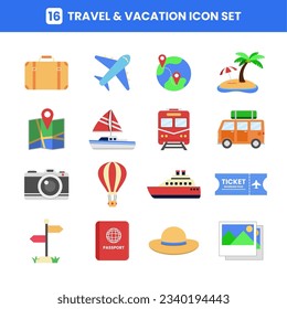 Traveling icon set.This vector collection includes a variety of travel-themed icons, perfect for illustrating your wanderlust-inspired projects. From airplanes and passports to suitcases and landmark.