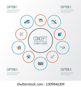 Traveling icons colored line set with gangway, helicopter, briefcase and other chopper elements. Isolated vector illustration traveling icons.