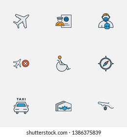 Traveling icons colored line set with airplane wheels, passport control, taxi and other handicapped elements. Isolated vector illustration traveling icons.