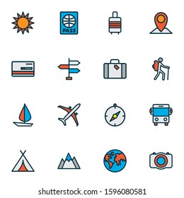 Traveling icons colored line set with bus, baggage suitcase, airplane and other autobus elements. Isolated vector illustration traveling icons.