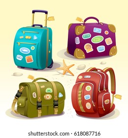 Traveling icons illustration with suitcase, bag, briefcase and backpack. Detailed vector items with travel stickers for luggage