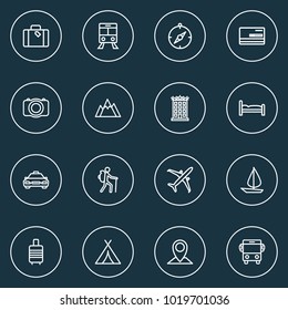 Traveling icons line style set with hotel, bed, suitcase and other canopy elements. Isolated vector illustration traveling icons.