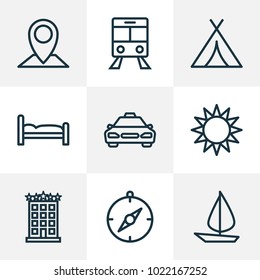 Traveling icons line style set with cab, compass, sun and other canopy elements. Isolated vector illustration traveling icons.