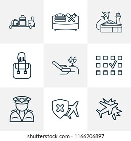 Traveling icons line style set with hand baggage, cancellation insurance, seat selection carrying elements. Isolated vector illustration traveling icons.