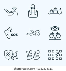 Traveling icons line style set with baggage transfer, cancellation insurance, lounge and other plane chair elements. Isolated vector illustration traveling icons.