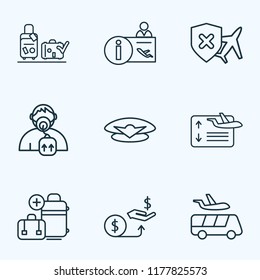 Traveling icons line style set with airport reception, compensation, cancellation insurance and other respiratory elements. Isolated vector illustration traveling icons.