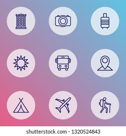 Traveling icons line style set with sun, valise, tent and other building  elements. Isolated vector illustration traveling icons.