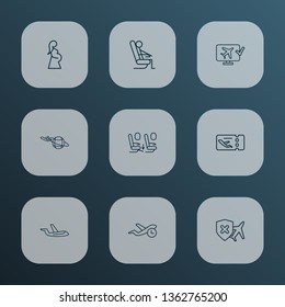 Traveling icons line style set with flight time, sitting man, online check-in and other monitor elements. Isolated vector illustration traveling icons.