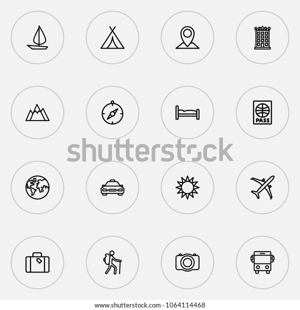 Traveling icons line style set with tent, bed, sun\
and other traveler  elements. Isolated vector illustration\
traveling icons.