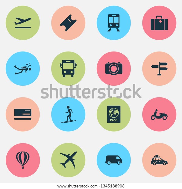 Traveling\
icons set with bus, signpost, ticket and other bag elements.\
Isolated vector illustration traveling\
icons.