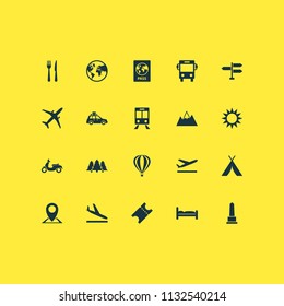 Traveling icons set with bus, sun, train and other pickup elements. Isolated vector illustration traveling icons.