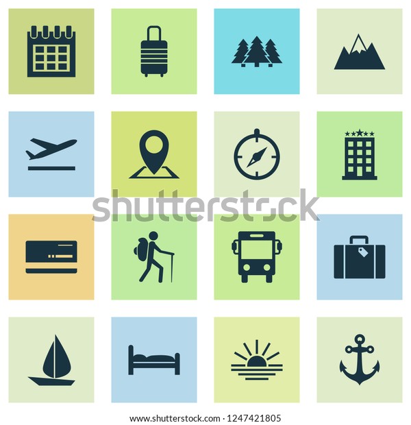 Traveling\
icons set with bus, sunset, anchor and other transport elements.\
Isolated vector illustration traveling\
icons.