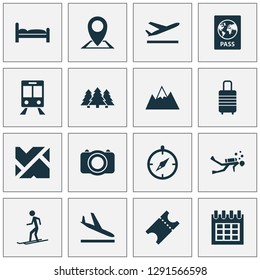 Traveling icons set with calendar, mountains, bed and other doss elements. Isolated vector illustration traveling icons.