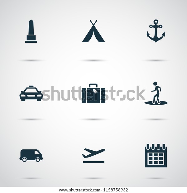 Traveling\
icons set with calendar, suitcase, anchor and other bag elements.\
Isolated vector illustration traveling\
icons.