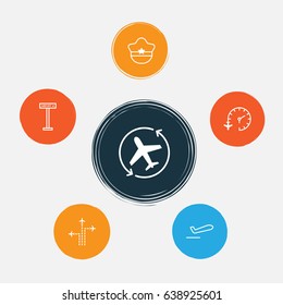 Traveling Icons Set. Collection Of Aircraft Arrow, Flight Path, Airliner Takeoff And Other Elements. Also Includes Symbols Such As Repeat, Cap, Airport.
