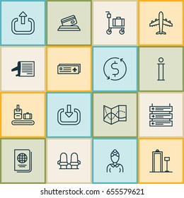 Traveling Icons Set. Collection Of Airliner, Exit, Briefcase Scanner And Other Elements. Also Includes Symbols Such As Schedule, Dollar, Metal.