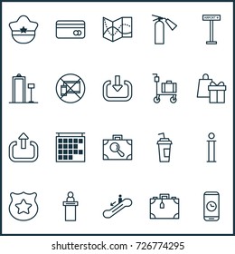 Traveling Icons Set. Collection Of Airplane Information, Shopping, Forbidden Mobile And Other Elements. Also Includes Symbols Such As Phone, Enter, Exit.