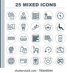 Traveling Icons Set. Collection Of Call Duration, World Sphere, Identification Document And Other Elements. Also Includes Symbols Such As Date, Compass, Takeaway.