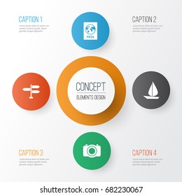 Traveling Icons Set. Collection Of Camera, Certificate, Boat And Other Elements. Also Includes Symbols Such As Ship, Passport, Boat.