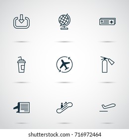 Traveling Icons Set. Collection Of Enter, Drink Cup, Moving Staircase And Other Elements. Also Includes Symbols Such As Plane, Moving, Up.