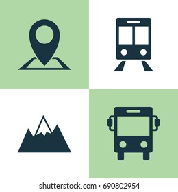 Traveling Icons Set. Collection Of Location, Railway Carriage, Transport And Other Elements. Also Includes Symbols Such As Hill, Mount, Car. Traveling Icons Set. Collection Of Location, Railway Carriage, Transport And Other Elements. Also Includes Symbols Such As Hill, Mount, Car.