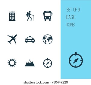 Traveling Icons Set. Collection Of Mount , Building, Land Elements. Also Includes Symbols Such As Motel, Compass, Man.