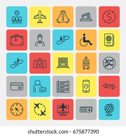 Traveling Icons Set. Collection Of Moving Staircase, Identification Document, Escalator Down And Other Elements. Also Includes Symbols Such As Escalator, Research, Plane.