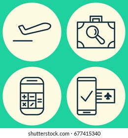 Traveling Icons Set. Collection Of Phone Reservation, Baggage Research, Calculation And Other Elements. Also Includes Symbols Such As Suitcase, Scanner, Mobile.