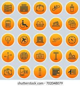 Traveling Icons Set. Collection Of Phone Reservation, Resort Development, Moving Staircase And Other Elements. Also Includes Symbols Such As Airport, Moving, Road.