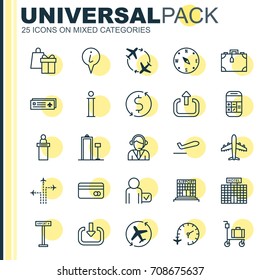 Traveling Icons Set. Collection Of Plastic Card, Flight Path, Calculation And Other Elements. Also Includes Symbols Such As Plane, Road, Information.