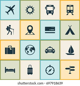 Traveling Icons Set. Collection Of Sunny, Railway Carriage, Mastercard And Other Elements. Also Includes Symbols Such As Baggage, Signpost, Valise.