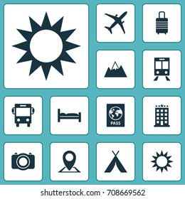 Traveling Icons Set. Collection Of Sunny, Railway Carriage, Transport And Other Elements. Also Includes Symbols Such As Land, Mountain, Bed.