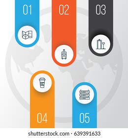 Traveling Icons Set. Collection Of Takeaway Coffee, Road Map, Luggage And Other Elements. Also Includes Symbols Such As Coffee, Road, Airport.