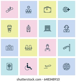 Traveling Icons Set. Collection Of Takeaway Coffee, Airliner Takeoff, Luggage Scanner And Other Elements. Also Includes Symbols Such As Chairs, Around, Hostess.