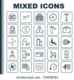 Traveling Icons Set. Collection Of Timetable, Aircraft Arrow, Cop Symbol And Other Elements. Also Includes Symbols Such As Timetable, Police, Takeoff.