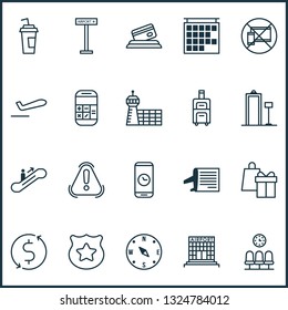 Traveling icons set with compass, plane departure, calculator and other seats elements. Isolated vector illustration traveling icons.