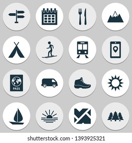 Traveling icons set with forest, restaurant, sunset and other certificate elements. Isolated vector illustration traveling icons.