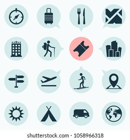 Traveling icons set with hotel, ticket, tourist and other map elements. Isolated vector illustration traveling icons.