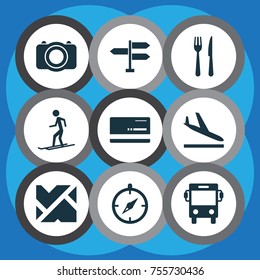 Traveling Icons Set. Includes Icons Such As Cafe, Slalom, Guide And Other.