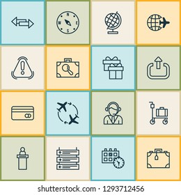 Traveling icons set with luggage trolley, information board, gift box and other fly around elements. Isolated vector illustration traveling icons.