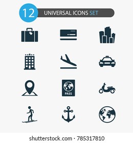 Traveling icons set with mastercard, slalom, certificate and other scooter elements. Isolated vector illustration traveling icons.