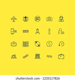 Traveling icons set with passenger, mobile booking, no mobile devices and other internet ticket elements. Isolated vector illustration traveling icons.