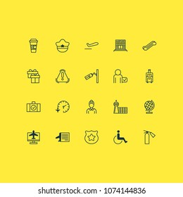 Traveling icons set with passenger, plane departure, checked bag and other accessibility elements. Isolated vector illustration traveling icons.