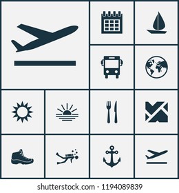 Traveling icons set with restaurant, roads, sun and other transport elements. Isolated vector illustration traveling icons.