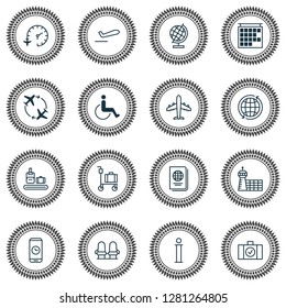 Traveling icons set with seats, flight time, globe and other departure information elements. Isolated vector illustration traveling icons.