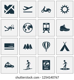 Traveling icons set with surfer, train, tent and other pickup elements. Isolated vector illustration traveling icons.